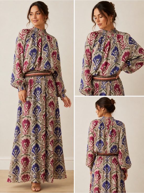 Oliphant Dresses & Skirts - Oliphant Metallic Ikat Blouse & Maxi Skirt Set Pink Purple Gold Size Medium